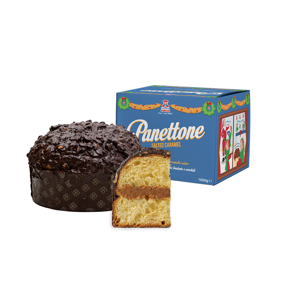 Panettone od American Uncle, ručno rađeni panettone punjen slanim karamelom s preljevom od tamne čokolade i kikirikija od 1kg 